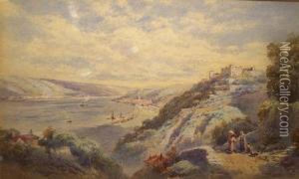 Italian Lake Scene 
 With Hilltop Castle Oil Painting - Charles Rowbotham