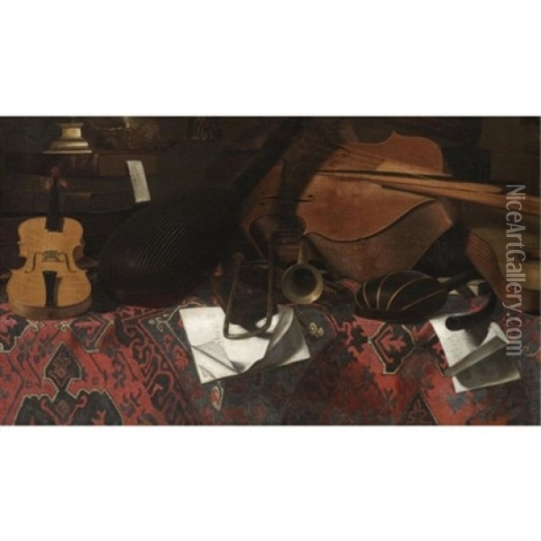 A Still Life With Musical Instruments, Including A Violin, A Double Bass, A Trombone And A Lute, Arranged On A Tabletop Draped With A Textured Carpet Oil Painting - Bartolomeo Bettera