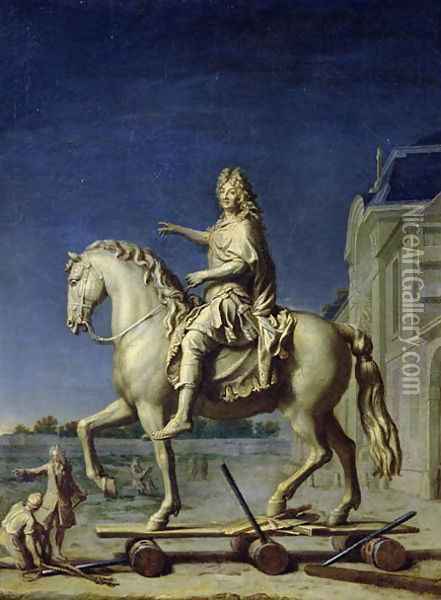 Transporting the Equestrian Statue of Louis XIV to the Place Vendome in 1699 Oil Painting - Rene-Antoine Houasse