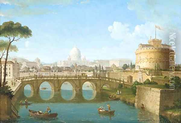 Castel Sant'Angelo in the foreground, St Peter's in the distance Oil Painting - Italian School