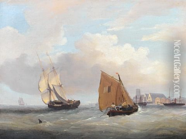 Shipping In A Stiff Breeze Off The Covered Slips Of A Naval Dockyard, Probably Chatham (+ A Laden Hay Barge And A Frigate, The Latter With Tug In Attendance, Off A Medway Shipyard; Pair) Oil Painting - Frederick Calvert