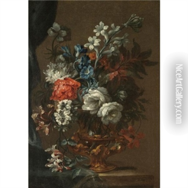 A Still Life With A Bouquet Of Flowers In A Bronze Urn On A Stone Ledge Oil Painting - Jean-Baptiste Belin de Fontenay the Elder