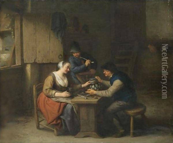 A Tavern Interior With Two Boors Seated At A Table Drinking, A Third Standing Behind Smoking A Pipe Oil Painting - Adriaen Jansz. Van Ostade