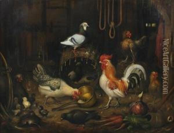 Chickens And Pigeons In A Barn Oil Painting - Mcghrehan