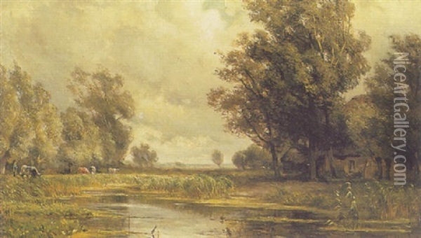 Landscape With Cows In The Distance Oil Painting - Jan Willem Van Borselen