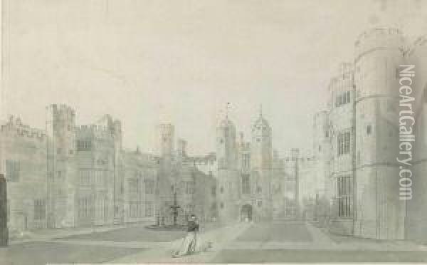 Cowdray House, View Of The West Front; And Cowdray House, The Courtyard Oil Painting - James, Snr, Lewes Of Lambert