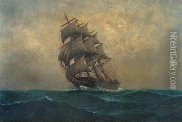 A Clipper In Full Sail In Moonlit Waters Oil Painting - L. Papaluca