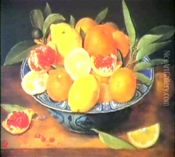 A Still Life Of Oranges, Lemons And Pomegranates In A Blue  And White Bowl Oil Painting - Jacob van Hulsdonck