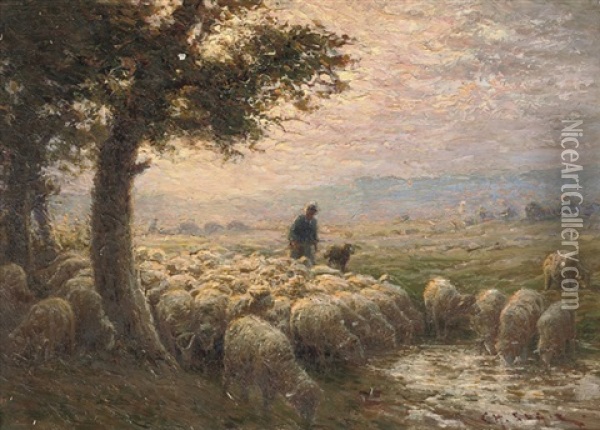 A Flock Of Sheep At Dusk Oil Painting - Charles H. Clair