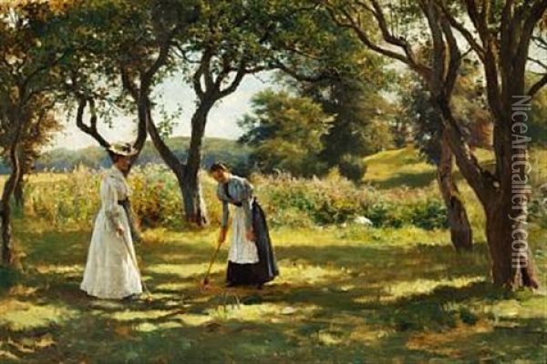 A Garden In Hornbaek. Marie Charlotte And Emilie Are Playing Croquet Oil Painting - Otto Bache