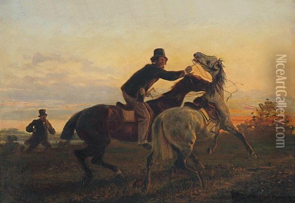 Erwischt: Ein Reiter Fangt Das Durchgegangene Pferd Eines Heraneilenden Herren Oil Painting - Conrad Freyberg