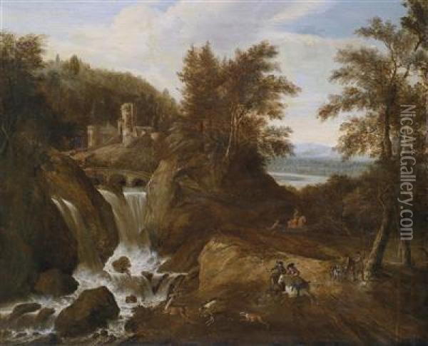 A Mountainous Landscape With A Waterfall And A Hunting Party Oil Painting - Gerrit Van Battem