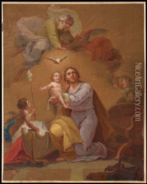 San Jose Con El Nino, Dios Padre Y El Espiritu Santo Oil Painting - Jacinto Gomez Pastor