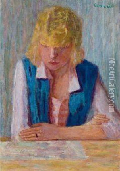 La Blonde Au Gilet Bleu Oil Painting - Pierre Bonnard