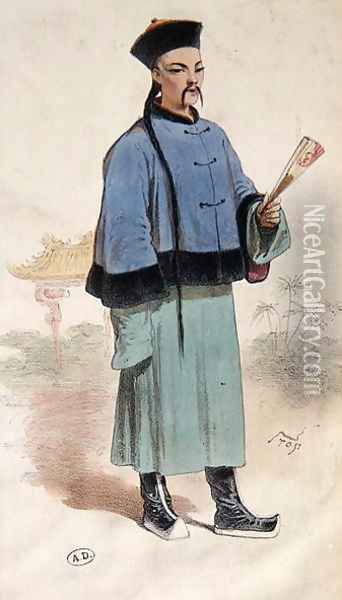 Mandarin in a fur trimmed coat with fan, c.1860 Oil Painting - Louis Morel-Retz Stop