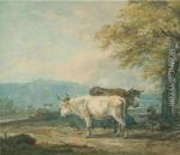 Zwei Rinder Mit Ruhendem Bauern. Oil Painting - Wilhelm Alexander W. Von Kobell