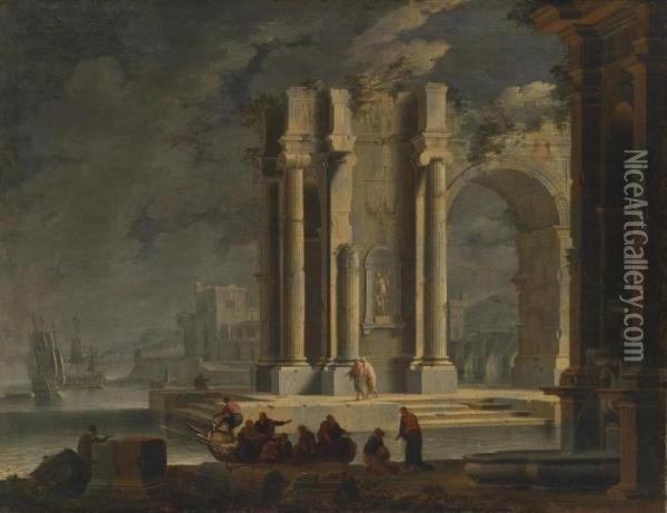 A Southern Seaport With Roman Ruins Oil Painting - Adriaen Manglard