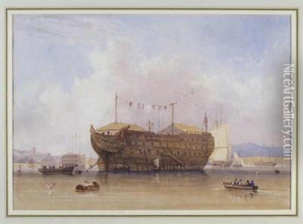 A Hulk At Anchor Near A Port, Possibly Portsmouth Oil Painting - Charles Bentley