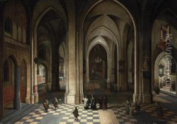 The Interior Of A Cathedral At Night, With Elegant Figuresattending A Mass Oil Painting - Pieter Ii Neefs