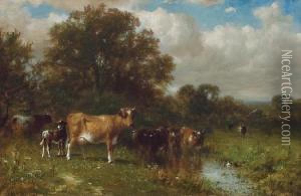 Cattle By A Stream Oil Painting - James McDougal Hart