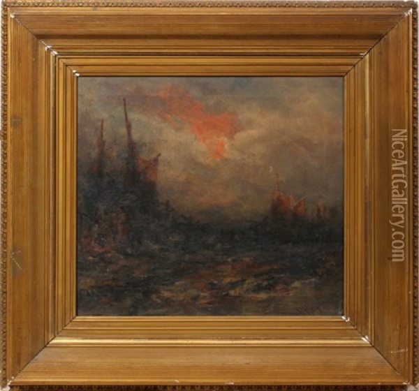 Sailing Vessels At Night Oil Painting - Robert B. Hopkin