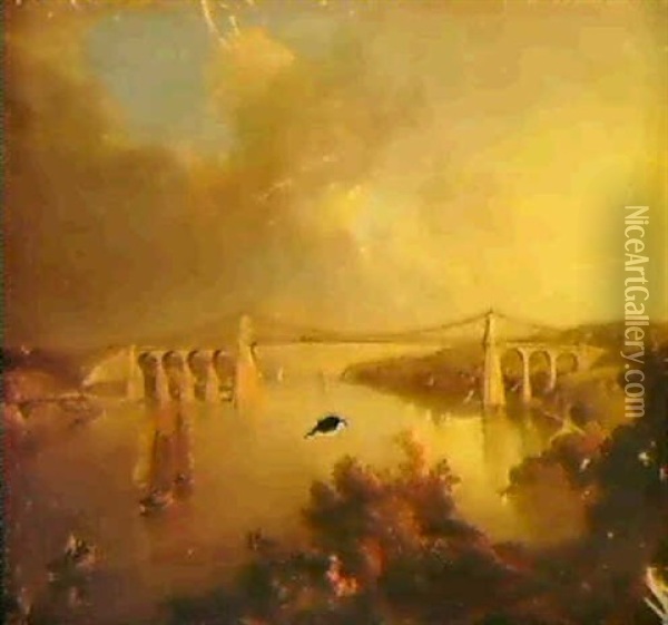 The Menai Bridge, North Wales Oil Painting - George Arnald