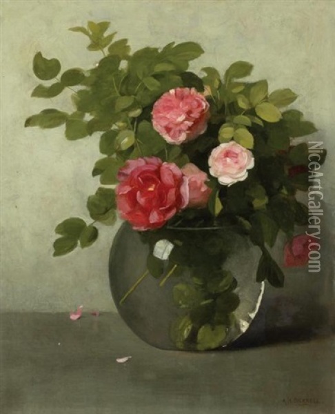 Pink Roses In A Glass Vase Oil Painting - Albion Harris Bicknell
