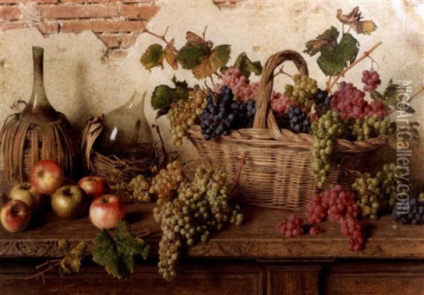 Still Life With Basket Of Grapes, Apples And Bottles On A Ledge Oil Painting - Giorgio Lucchesi