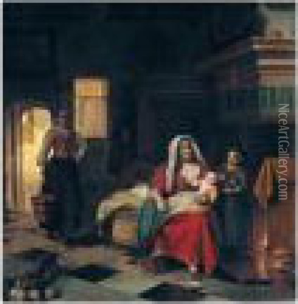 A Domestic Interior With A 
Mother Nursing Her Children Before A Fireplace, A Maid Carrying A Pail 
Of Water Behind Oil Painting - Pieter De Hooch