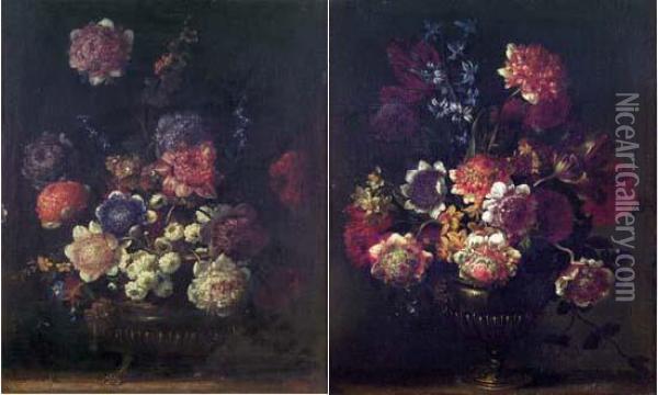 Bouquets De Fleurs Dans Des Vases En Bronze Oil Painting - Antoine Monnoyer