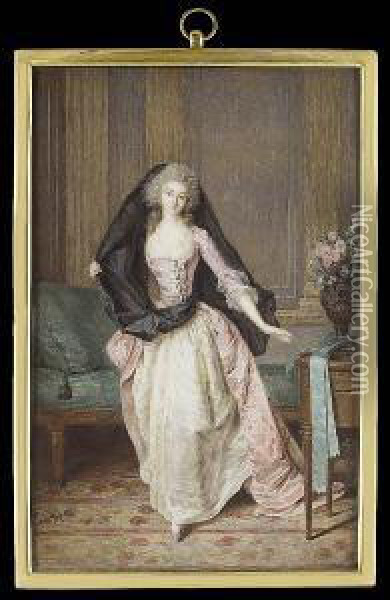 A Lady (1763-1832/3), 
Traditionally Called Princesse De Vaudemont-lorraine, Wearing Pink Satin
 Dress With Buckled Bodice Over White Underdress And Gauze Fill-in, A 
Black Veil Wrapped Around Her Waist And Over Her Head, She Stands In An 
Interior Wi Oil Painting - Niklaslavreince Ii Lafrensen