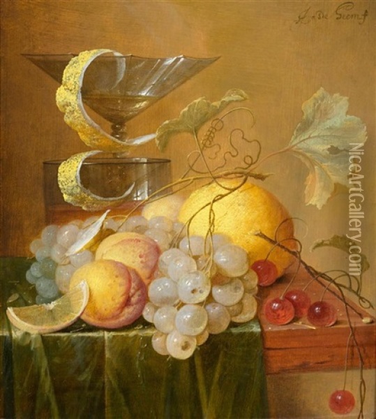 A Still Life With Grapes, Apricots, Cherries, A Lemon And Drinking Glasses On A Table Oil Painting - Jan Davidsz De Heem