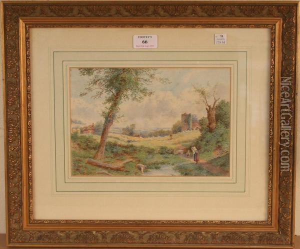 Landscape With Figures Near A Pool Of Water Oil Painting - John MacPherson