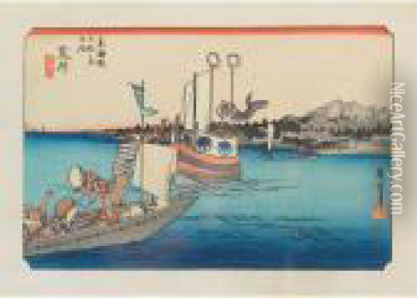 Scene Of Fishermen Oil Painting - Utagawa or Ando Hiroshige