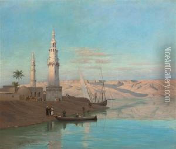 The Nile At Girgeh, Dusk Oil Painting - Andreas Christian Riis Carstensen