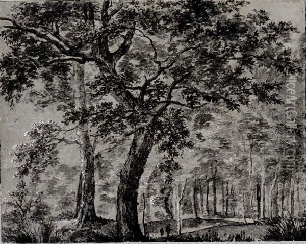 Woodland Scene, With Two Figures By A Tall Tree Oil Painting - Joris van der Haagen or Hagen