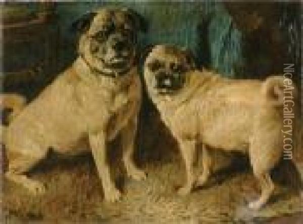 Two Pugs In An Interior Oil Painting - John Emms