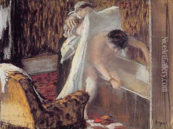 Woman Leaving Her Bath Oil Painting - Edgar Degas