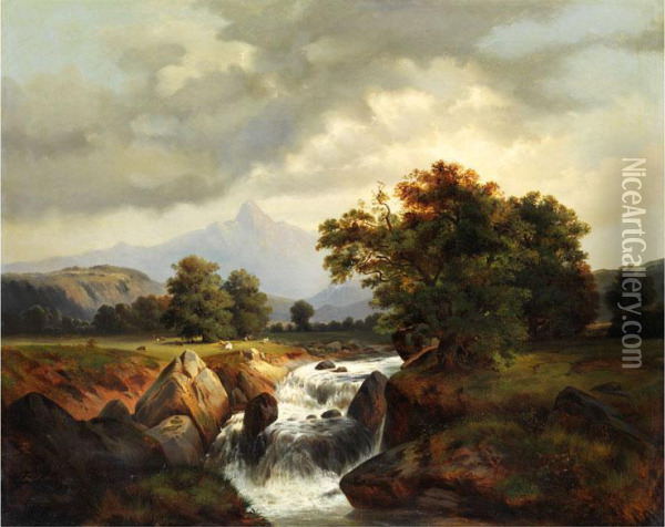 Alpenlandschaft Mit Wasserfall Oil Painting - Thessel Furchtegott