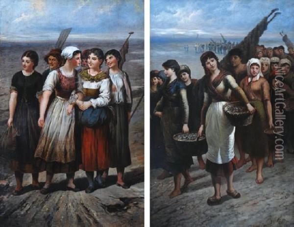 Fisherwomen Returning Homein Sicily Oil Painting - F.J. Hoyer