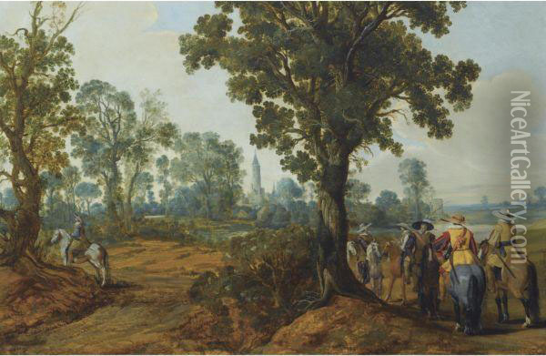 A Wooded Landscape With Mounted Soldiers, A Church Tower Beyond Oil Painting - Gerrit Claesz Bleker