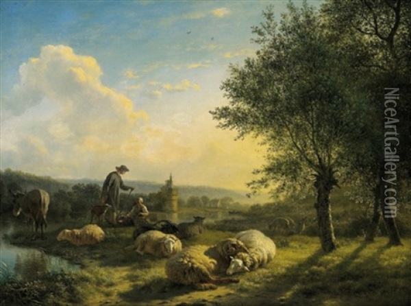 Flandrische Weidelandschaft Mit Einem Hirtenpaar, Schafen Und Einem Esel Oil Painting - Balthasar Paul Ommeganck
