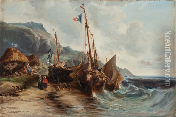 Gestrandete Segelboote An Der Sturmischen Atlantikkuste Oil Painting - Georges Moreau de Tours