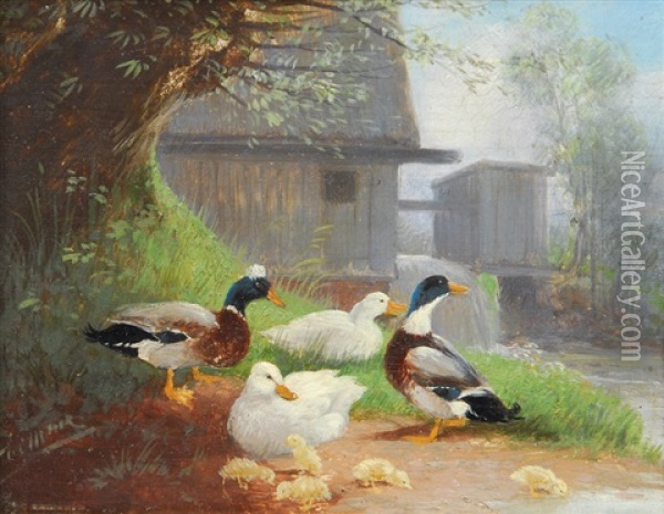 Ducks On The Brookside Oil Painting - Julius Scheuerer
