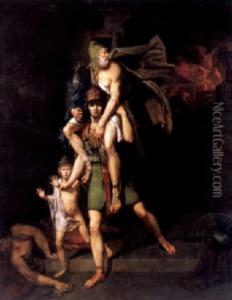 Aeneas Flieht Mit Sohn Und Vater Anchises Aus Dem Brennenden Troja Oil Painting - Charles Brocas