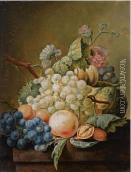 A Still Life With White And Blue Grapes, Peaches, A Pumpkin And A Walnut, All On A Wooden Ledge Oil Painting - Cornelis Johannes Schaalje