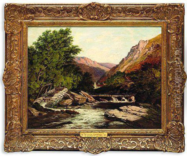 Angler In A Rocky River Landscape Oil Painting - Edward Gill