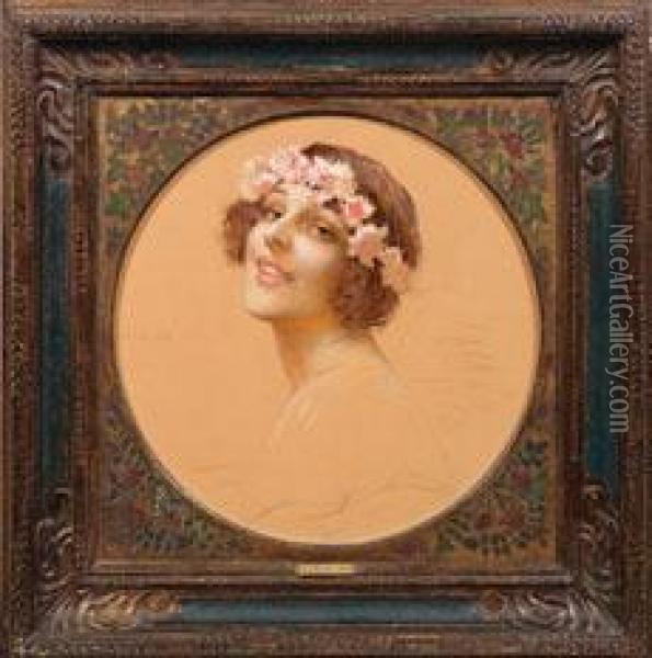 Jugendstil-portraiteiner Jungen Dame Mit Blutenkranz Im Haar Oil Painting - Gustave Brisgand