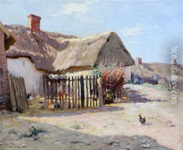 Chickens Beside A Thatched Farmhouse Oil Painting - Rene Louis Chretien