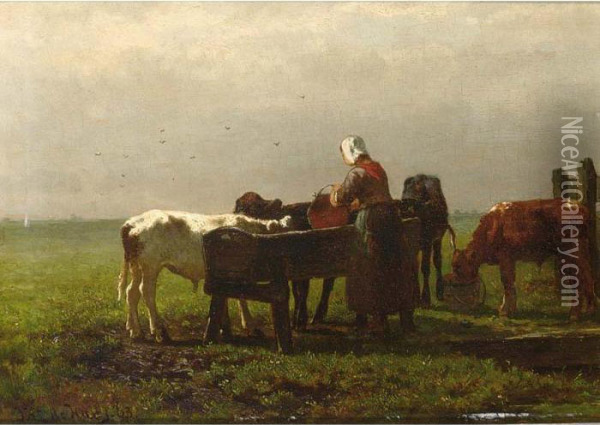 Feeding The Calves Oil Painting - Johannes-Hubertus-Leonardus de Haas